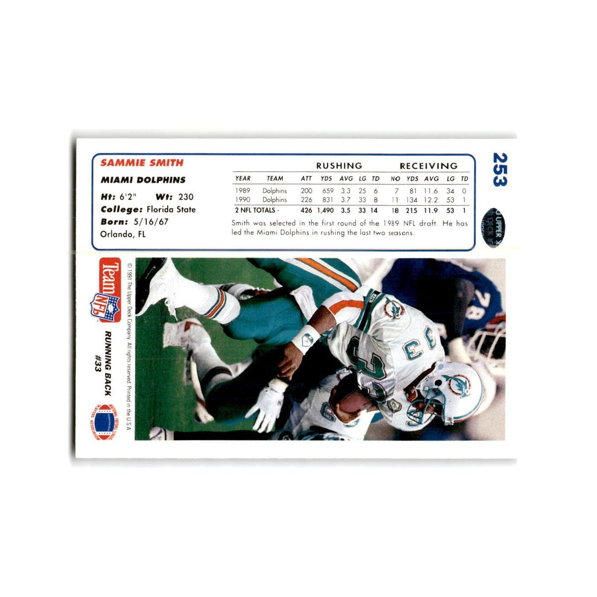 Sammie Smith 1991 Upper Deck #253 Miami Dolphins Football Card NM