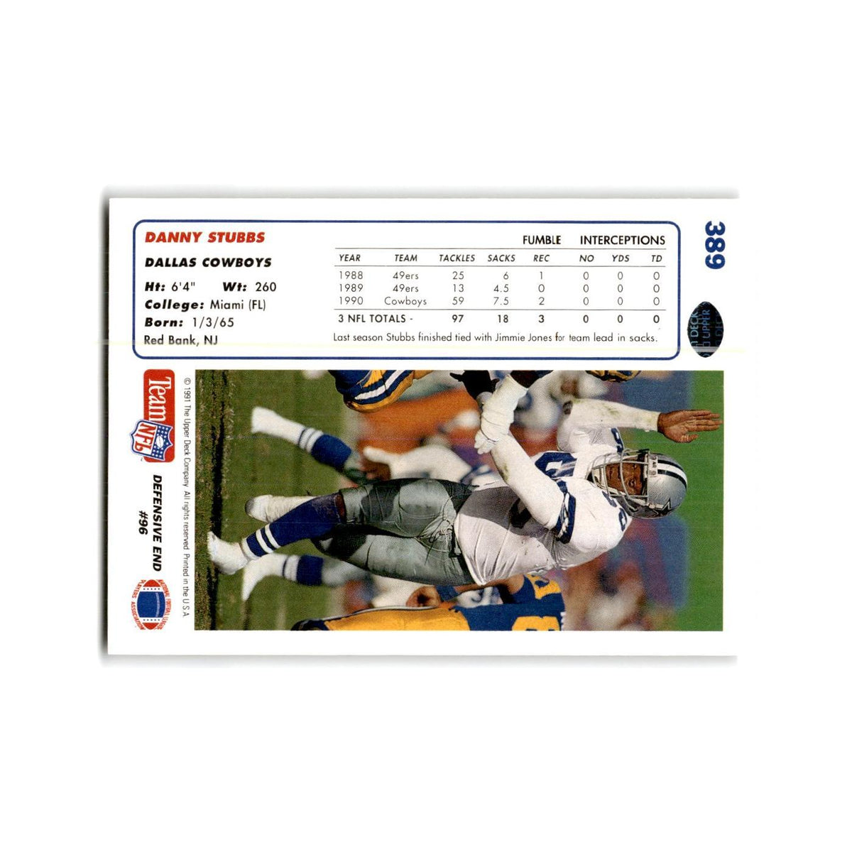 Danny Stubbs 1991 Upper Deck #389 Dallas Cowboys Football Card NM