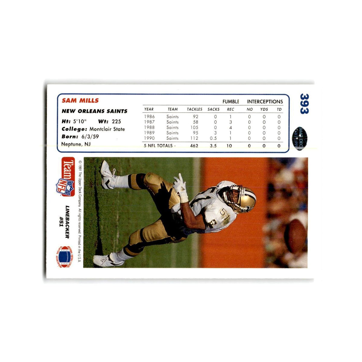 Sam Mills 1991 Upper Deck #393 New Orleans Saints Football Card NM