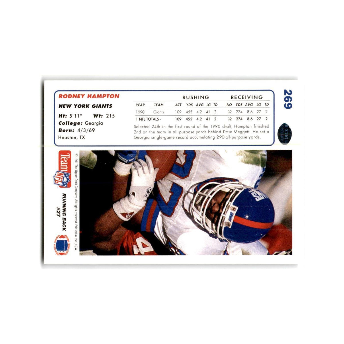 Rodney Hampton 1991 Upper Deck #269 New York Giants Football Card NM