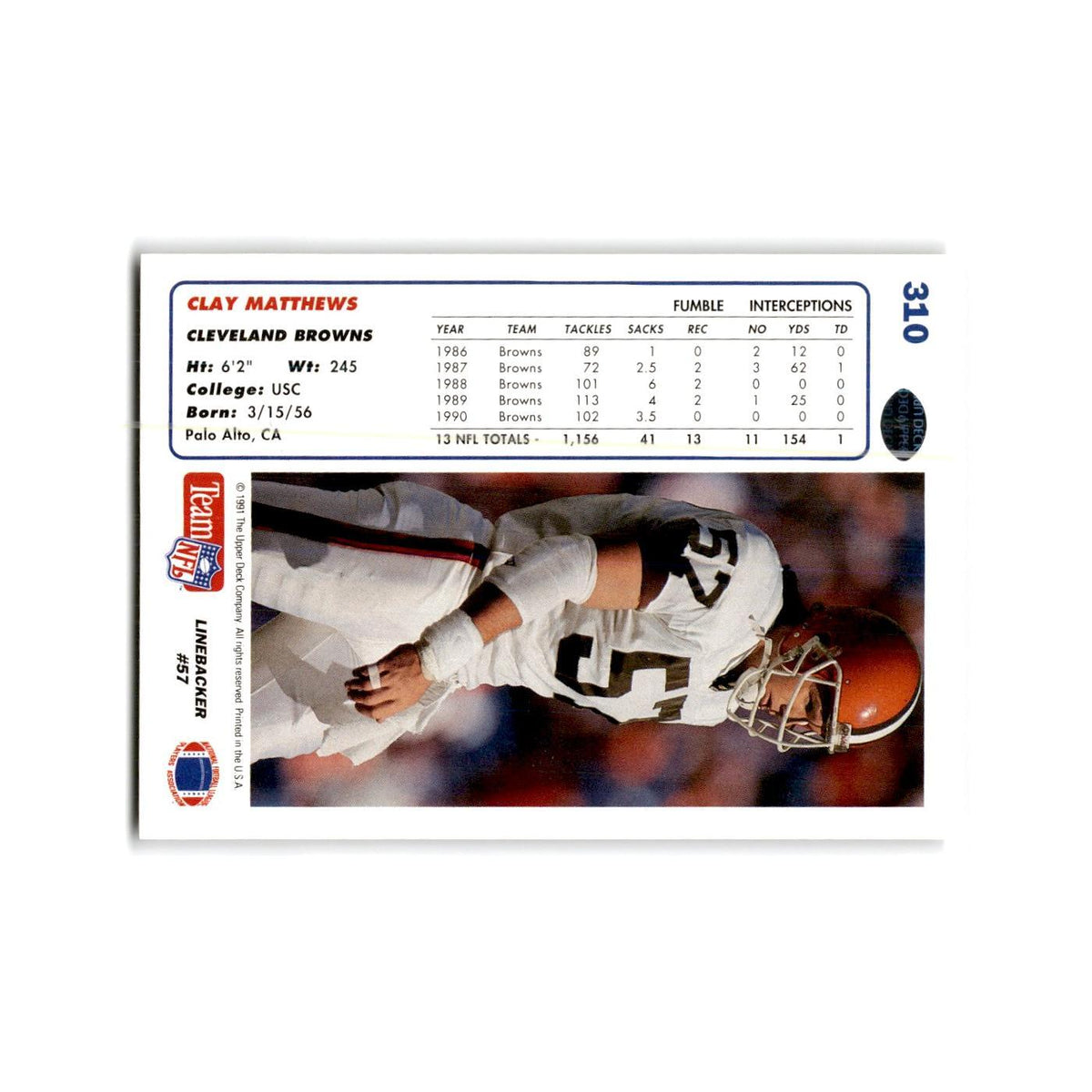 Clay Matthews 1991 Upper Deck #310 Cleveland Browns Football Card NM
