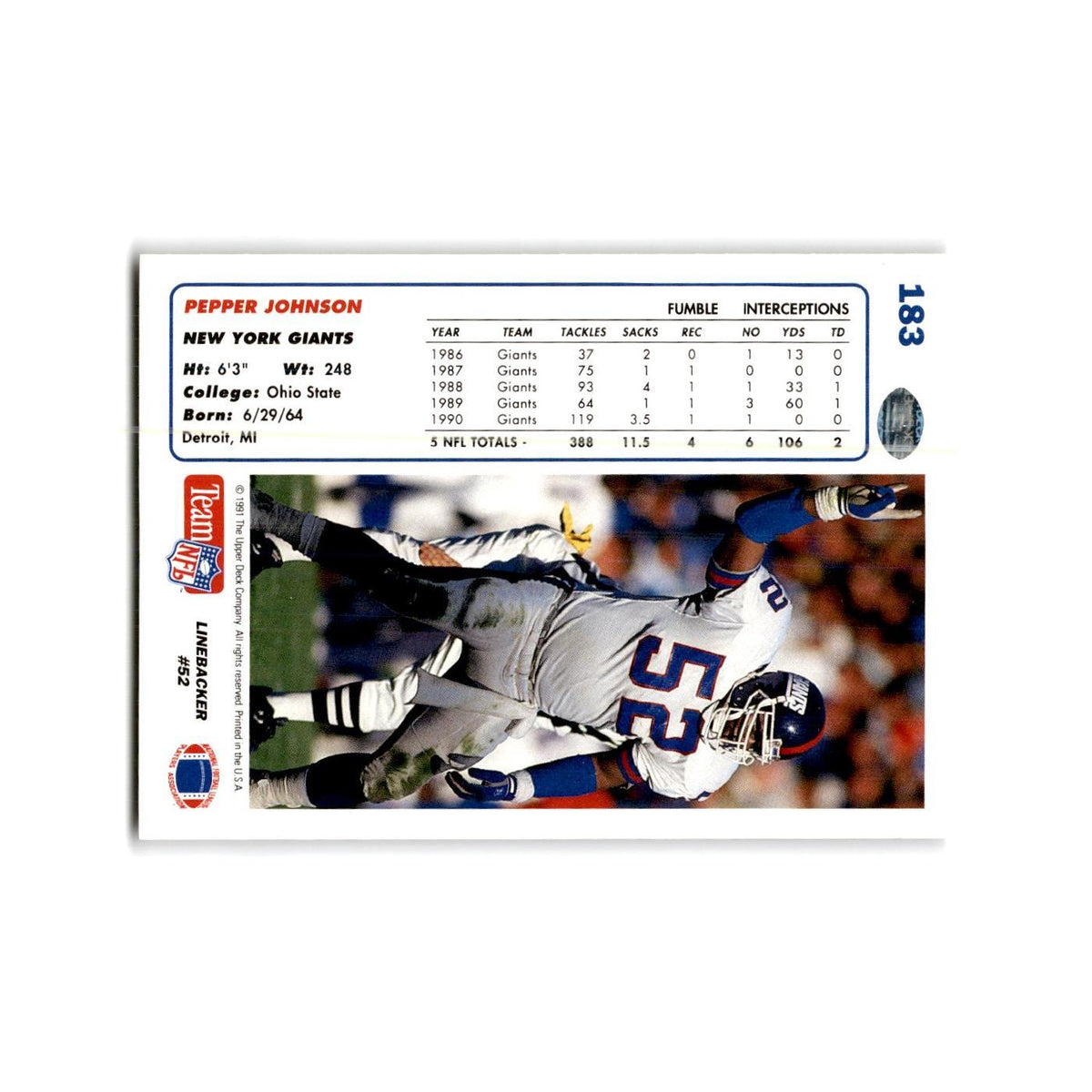 Pepper Johnson 1991 Upper Deck #183 New York Giants Football Card NM
