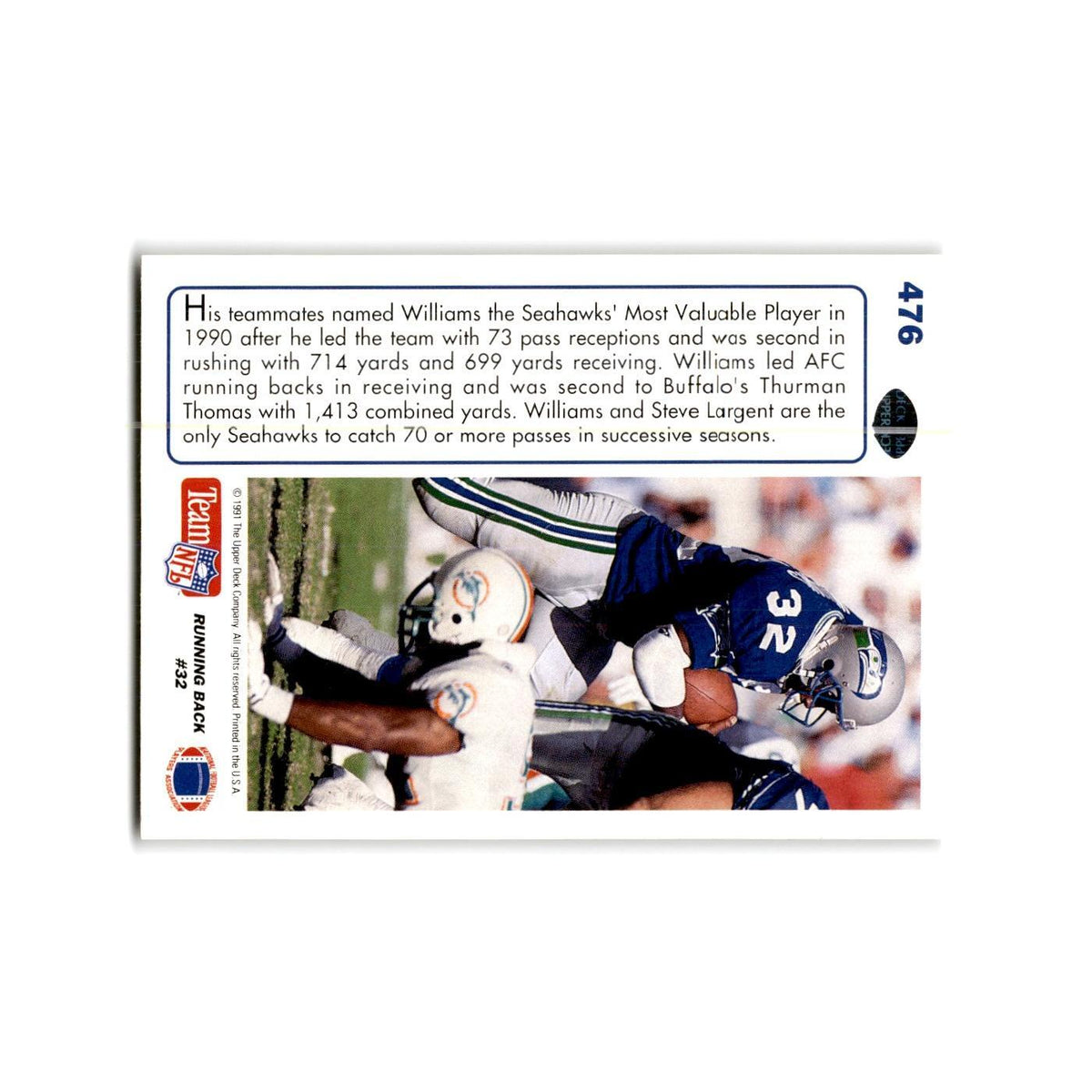 John L. Williams 1991 Upper Deck #476 Seattle Seahawks Football Card NM
