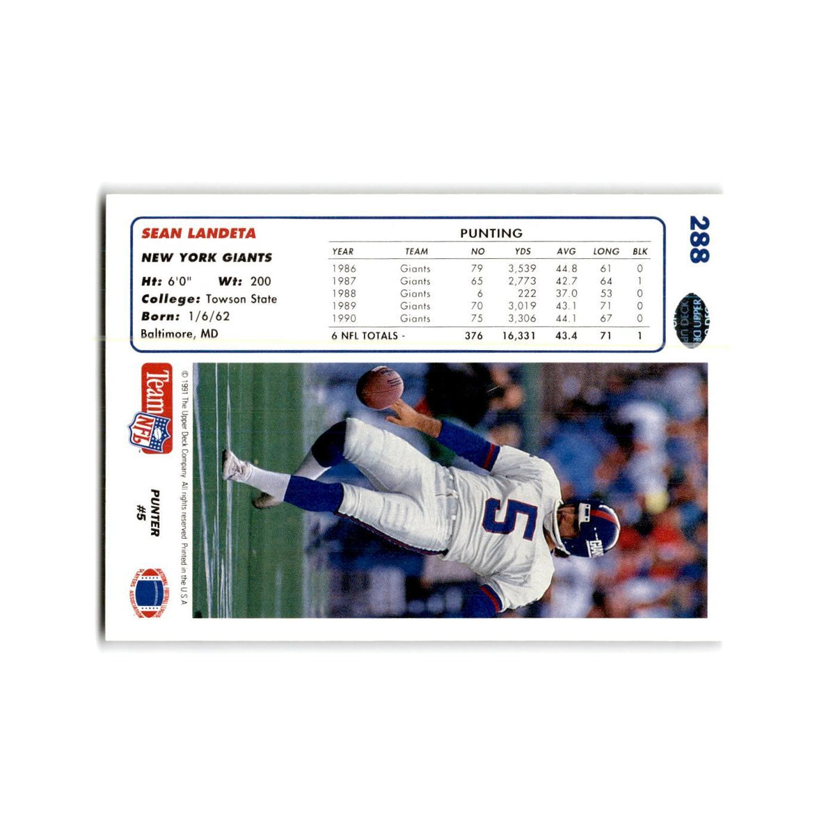 Sean Landeta 1991 Upper Deck #288 New York Giants Football Card NM