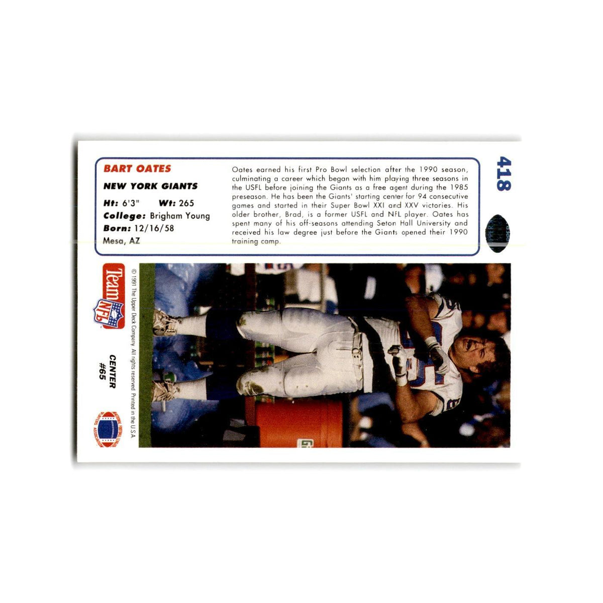 Bart Oates 1991 Upper Deck #418 New York Giants Football Card NM