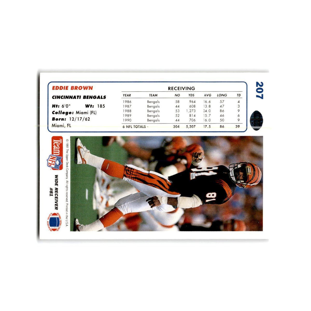 Eddie Brown 1991 Upper Deck #207 Cincinnati Bengals Football Card NM