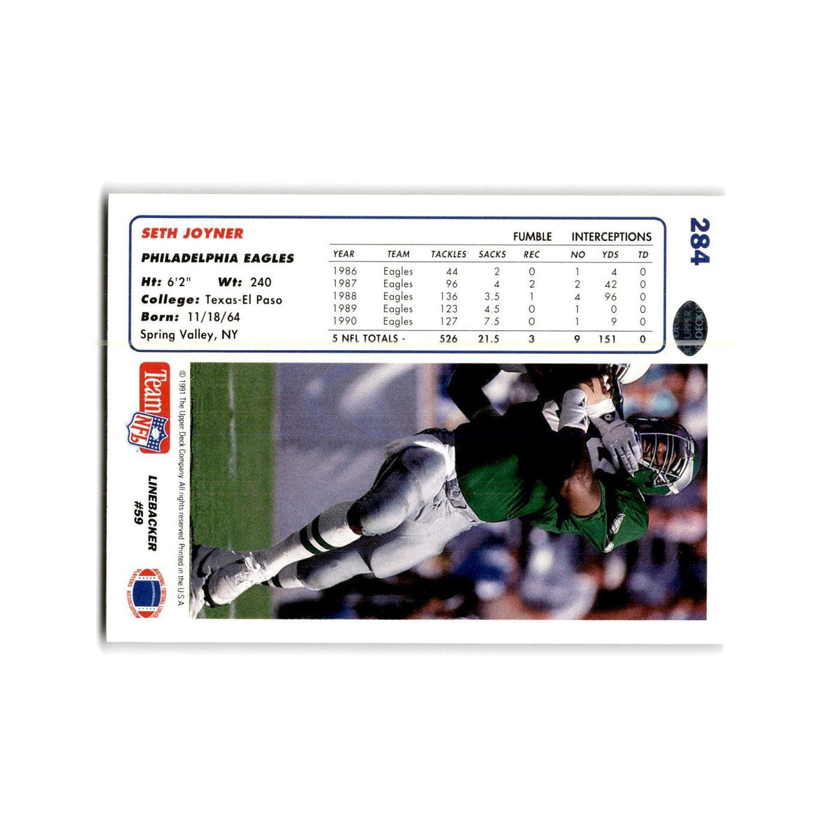 Seth Joyner 1991 Upper Deck #284 Philadelphia Eagles Football Card NM