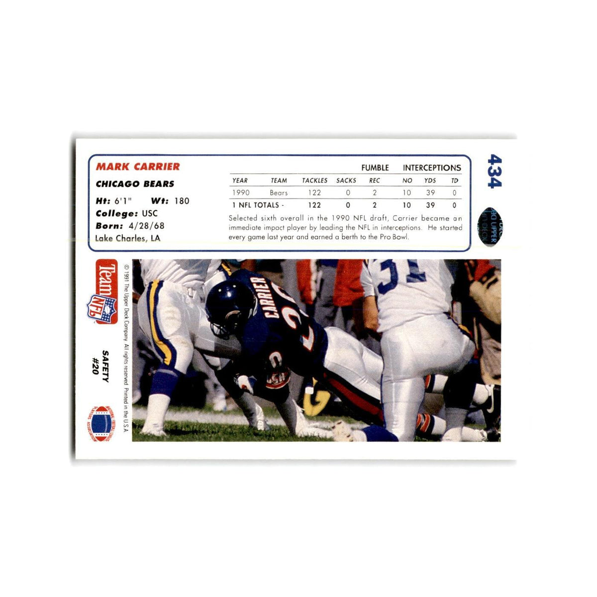 Mark Carrier 1991 Upper Deck #434 Chicago Bears Football Card NM