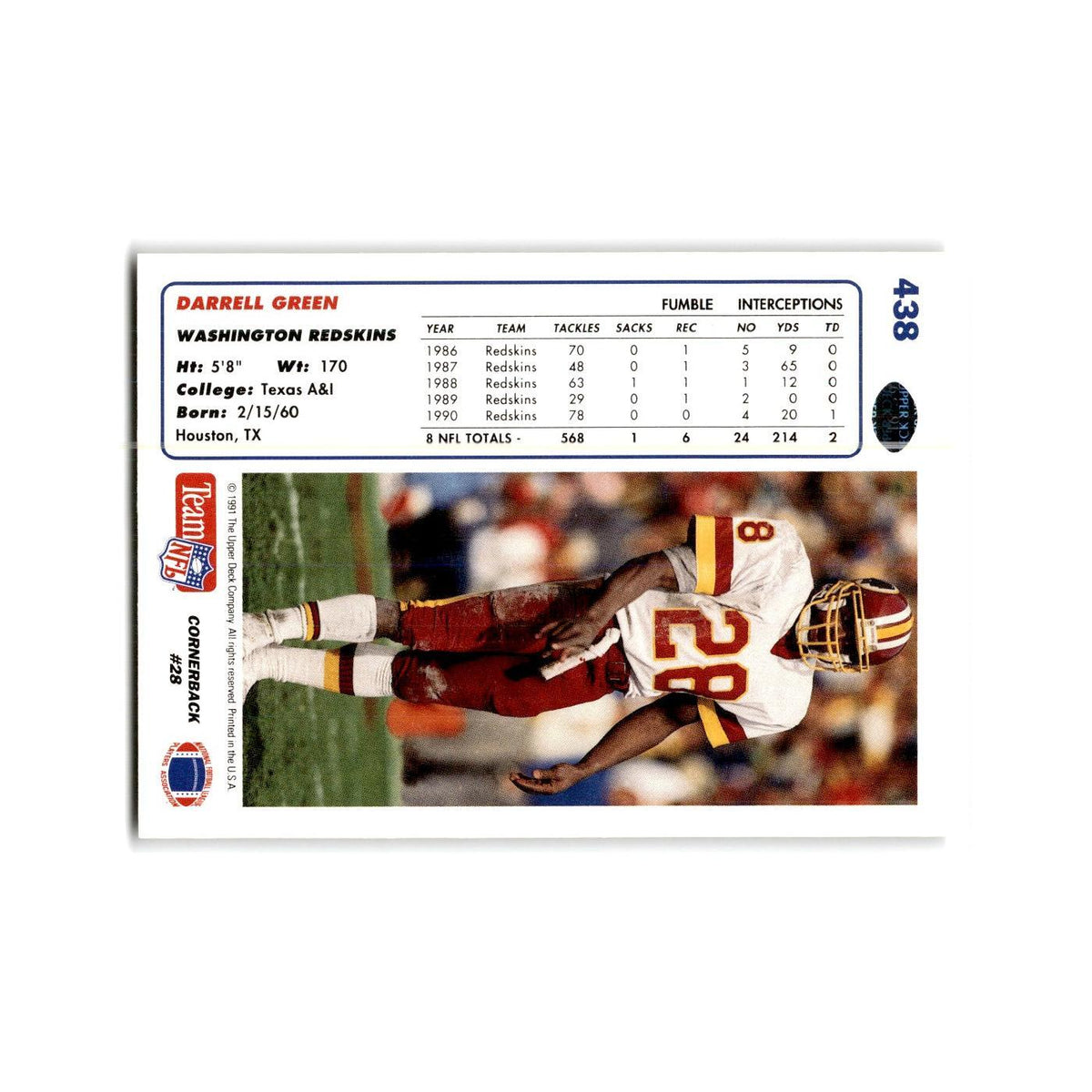 Darrell Green 1991 Upper Deck #438 Washington Redskins Football Card NM