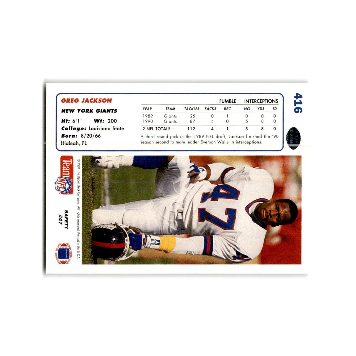 Greg Jackson 1991 Upper Deck #416 New York Giants Football Card NM