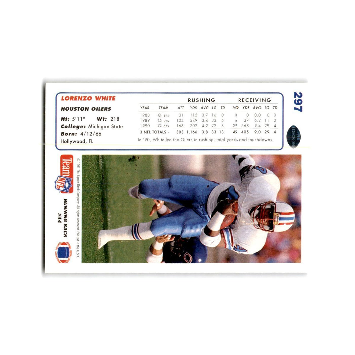 Lorenzo White 1991 Upper Deck #297 Houston Oilers Football Card NM