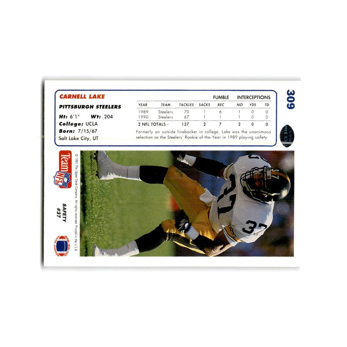 Carnell Lake 1991 Upper Deck #309 Pittsburgh Steelers Football Card NM