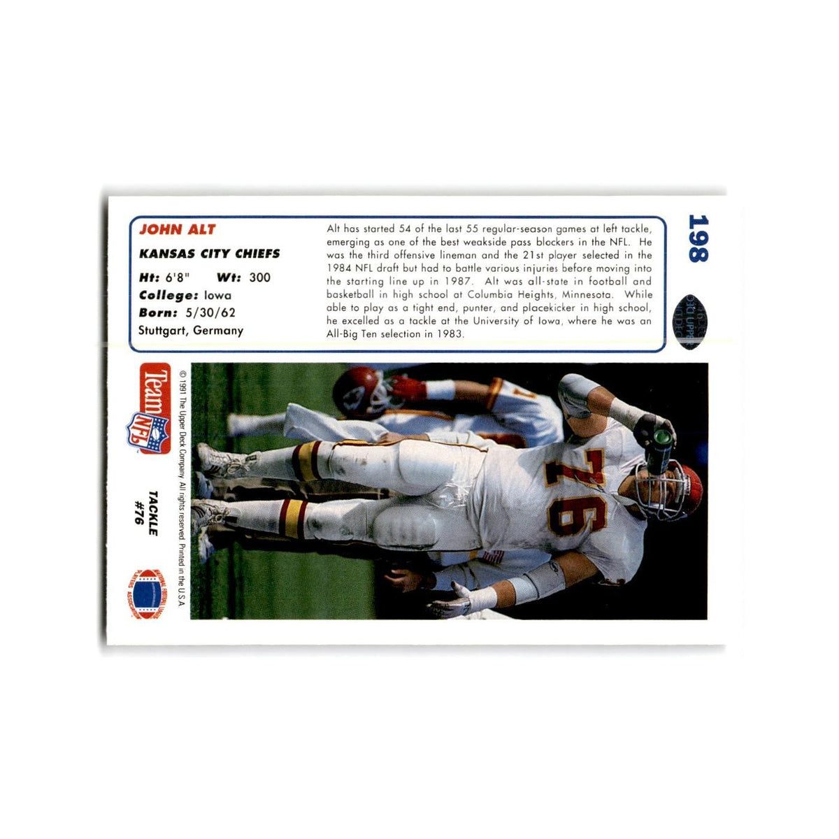 John Alt 1991 Upper Deck #198 Kansas City Chiefs Football Card NM
