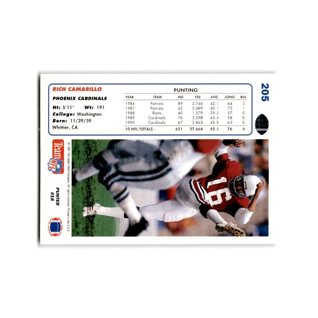 Rich Camarillo 1991 Upper Deck #205 Phoenix Cardinals Football Card NM