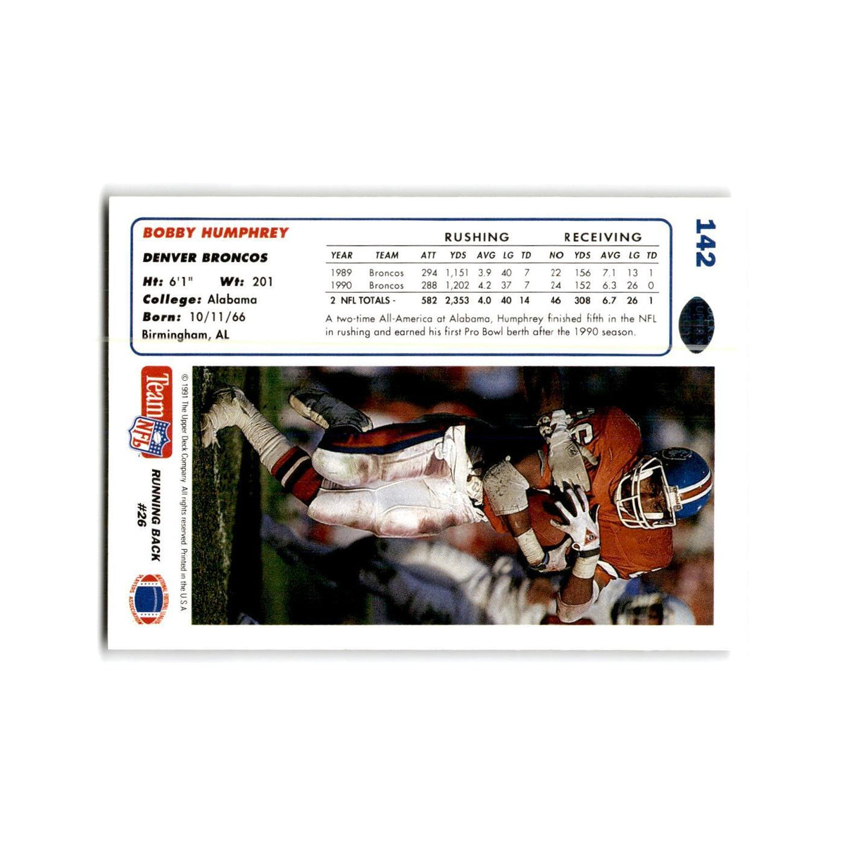 Bobby Humphrey 1991 Upper Deck #142 Denver Broncos Football Card NM