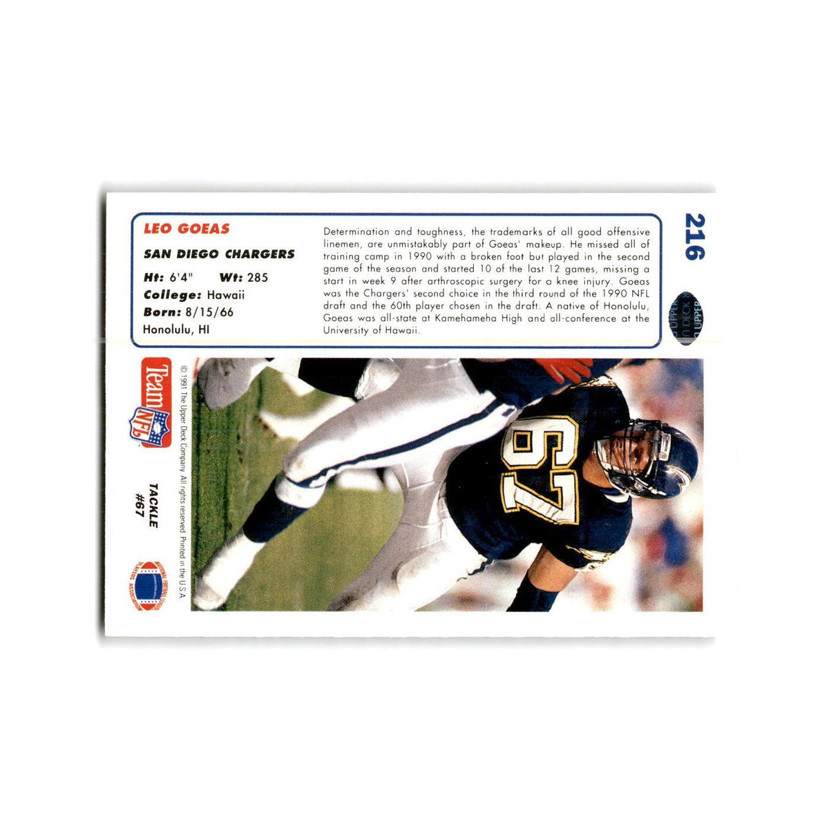 Leo Goeas 1991 Upper Deck #216 San Diego Chargers Football Card NM