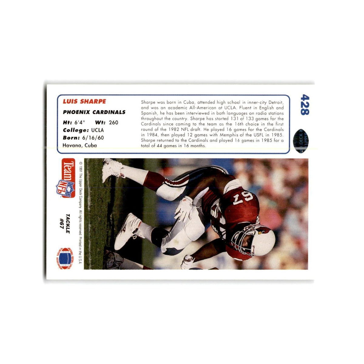 Luis Sharpe 1991 Upper Deck #428 Phoenix Cardinals Football Card NM