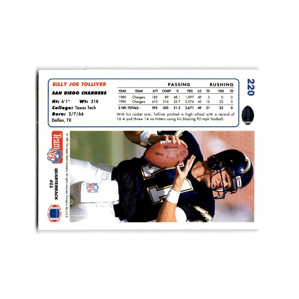 Billy Joe Tolliver 1991 Upper Deck #220 San Diego Chargers Football Card NM