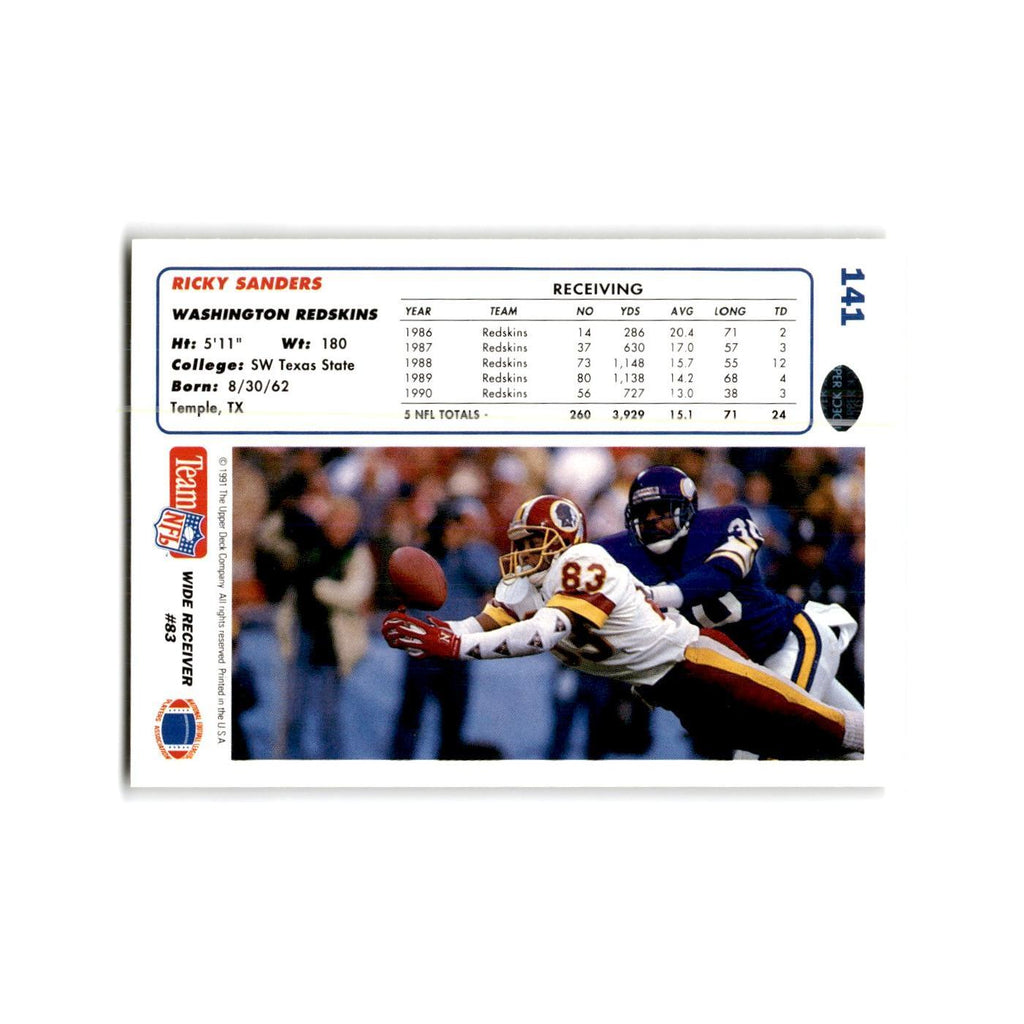 Ricky Sanders 1991 Upper Deck #141 Washington Redskins Football Card NM