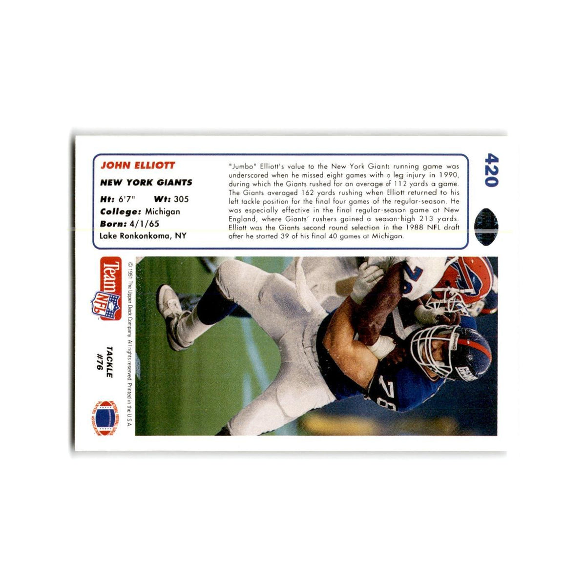 John Elliott 1991 Upper Deck #420 New York Giants Football Card NM
