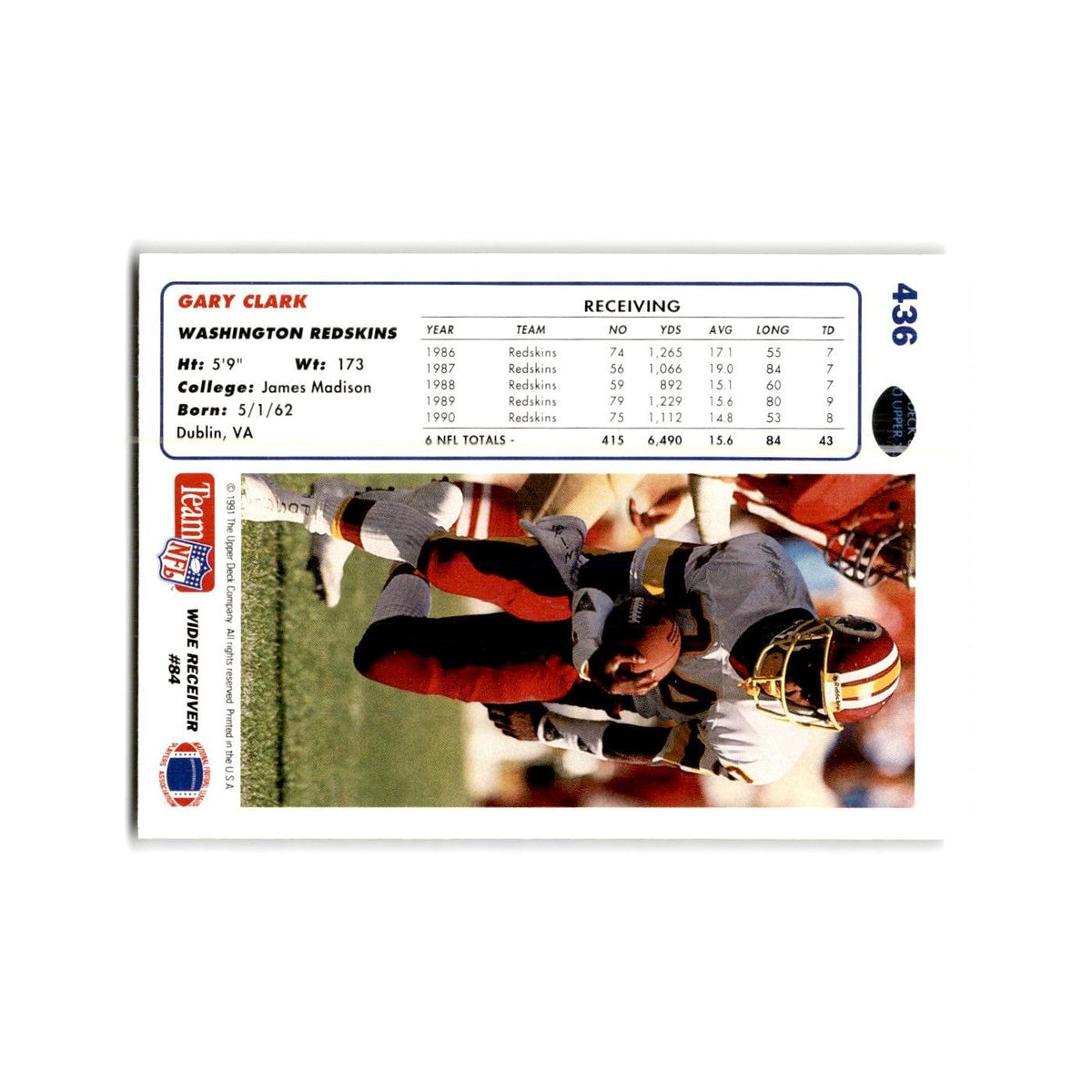 Gary Clark 1991 Upper Deck #436 Washington Redskins Football Card NM