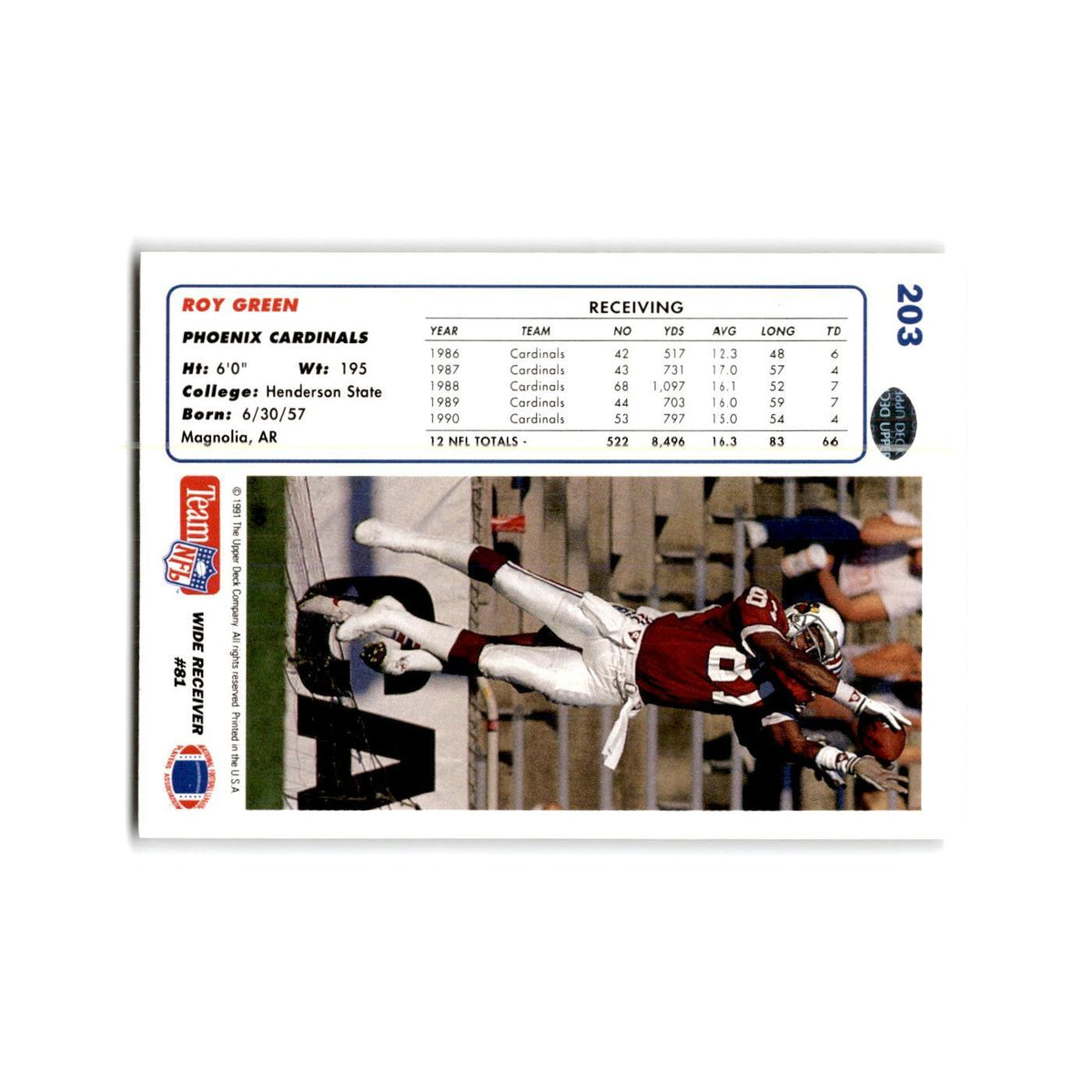 Roy Green 1991 Upper Deck #203 Phoenix Cardinals Football Card NM