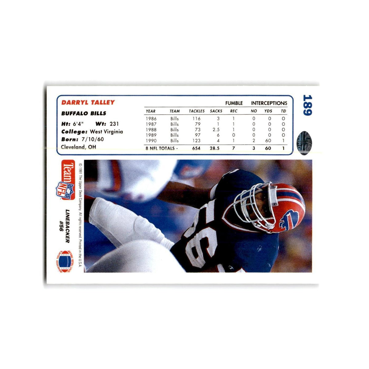 Darryl Talley 1991 Upper Deck #189 Buffalo Bills Football Card NM