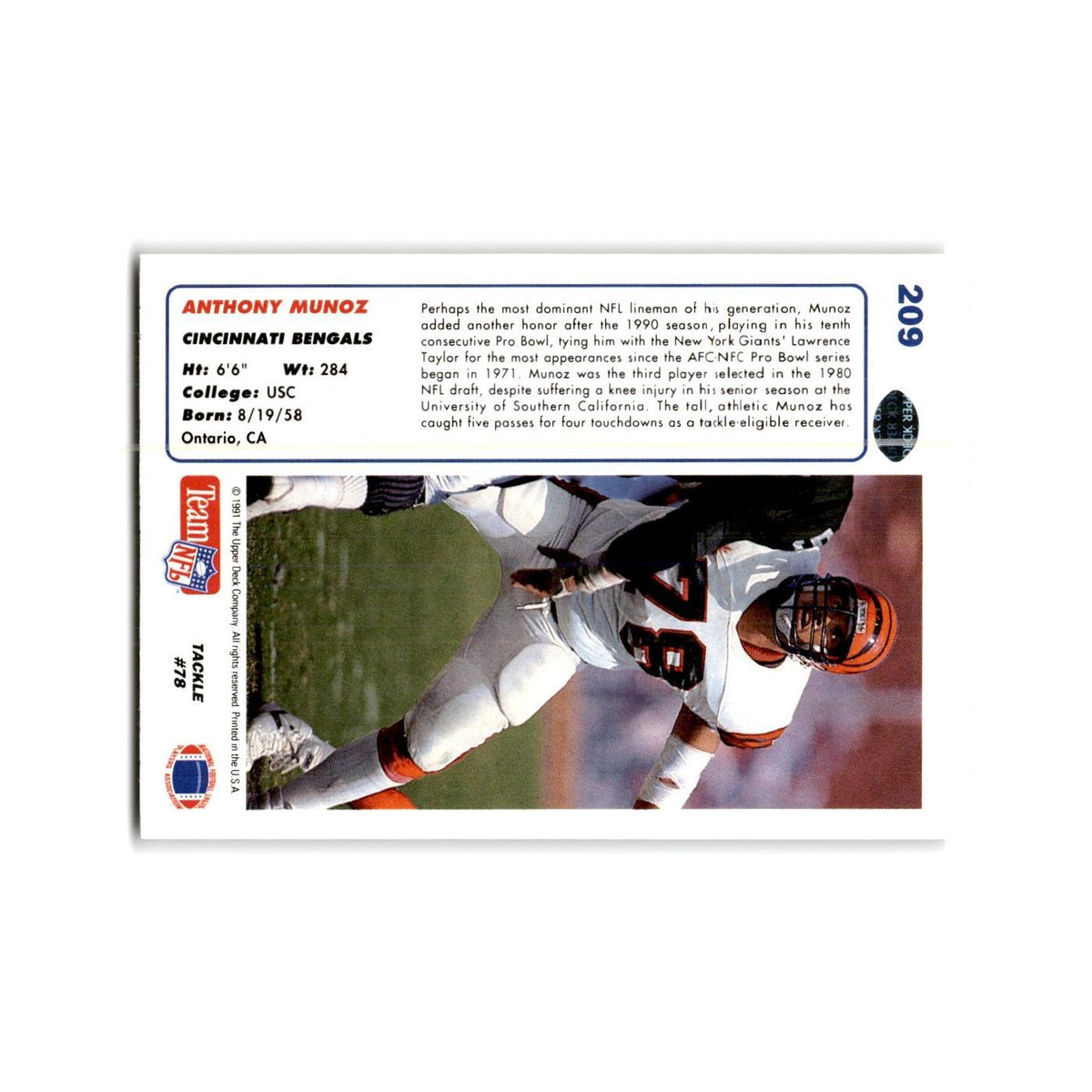 Anthony Munoz 1991 Upper Deck #209 Cincinnati Bengals Football Card NM