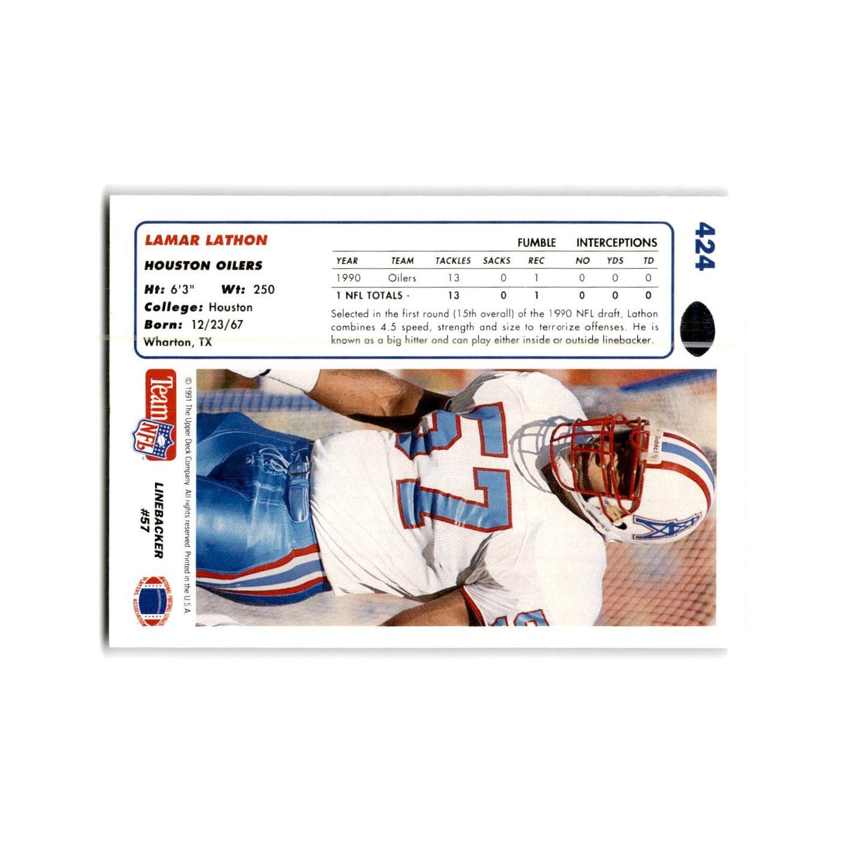 Lamar Lathon 1991 Upper Deck #424 Houston Oilers Football Card NM
