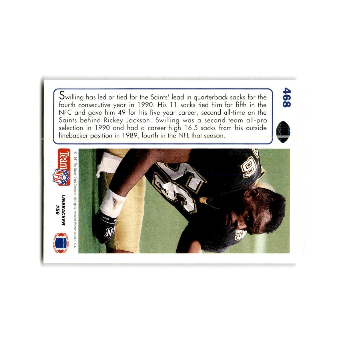 Pat Swilling 1991 Upper Deck #468 New Orleans Saints Football Card NM