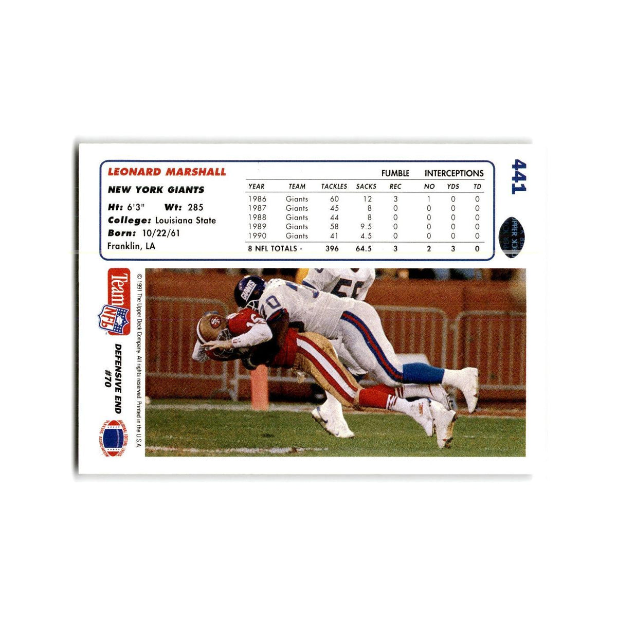 Leonard Marshall 1991 Upper Deck #441 New York Giants Football Card NM