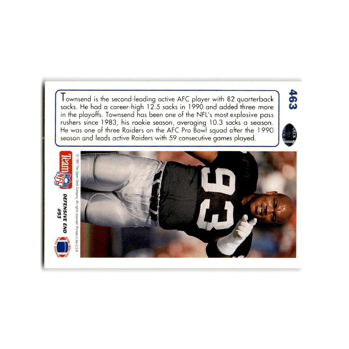 Greg Townsend 1991 Upper Deck #463 Los Angeles Raiders Football Card NM