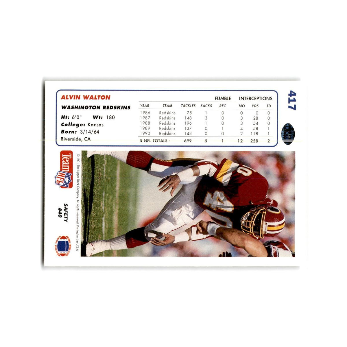Alvin Walton 1991 Upper Deck #417 Washington Redskins Football Card NM