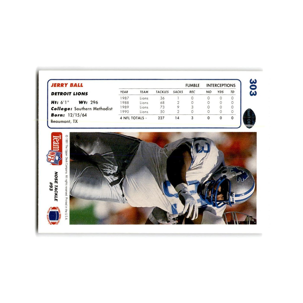 Jerry Ball 1991 Upper Deck #303 Detroit Lions Football Card NM