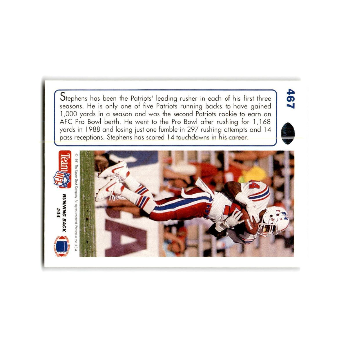 John Stephens 1991 Upper Deck #467 New England Patriots Football Card NM