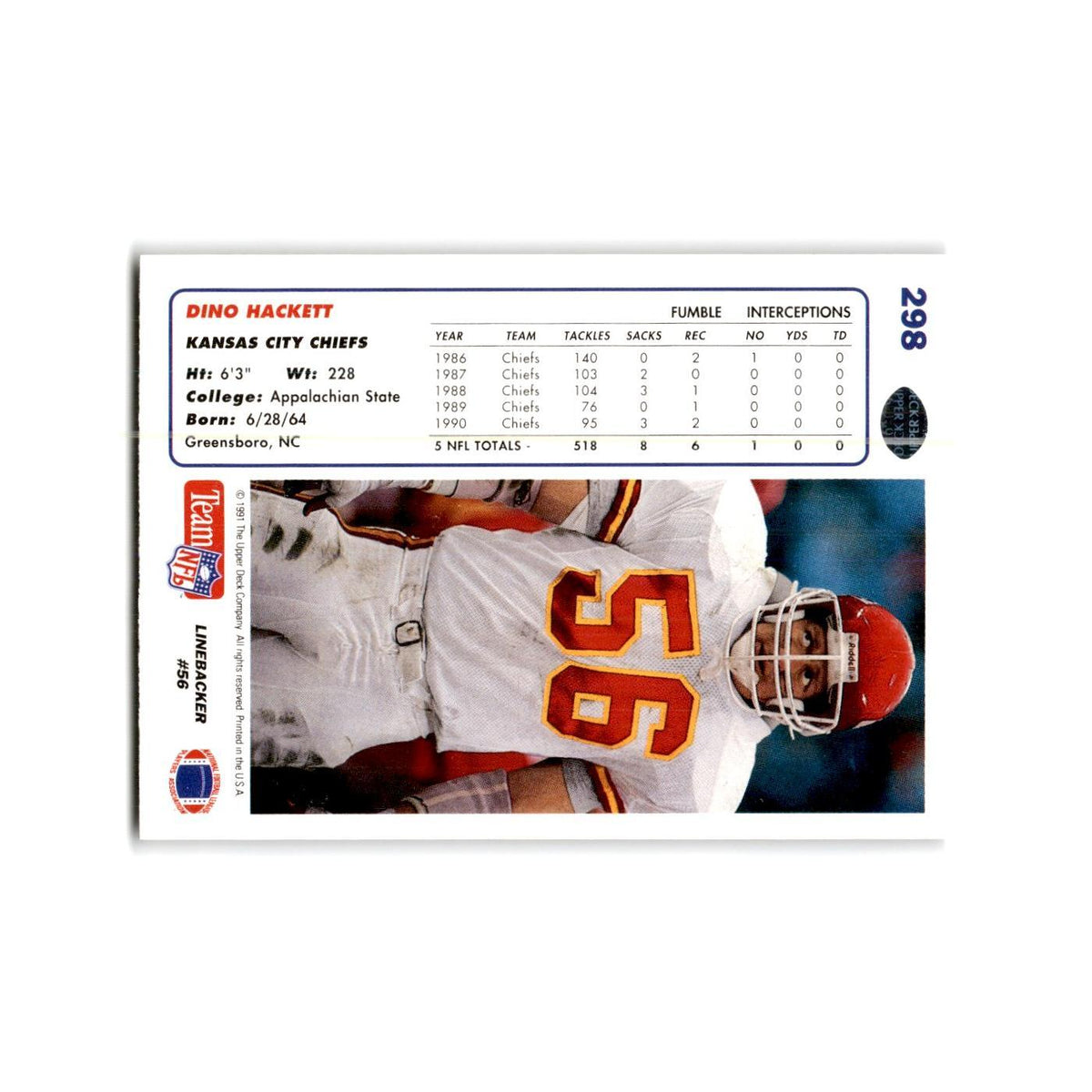 Dino Hackett 1991 Upper Deck #298 Kansas City Chiefs Football Card NM