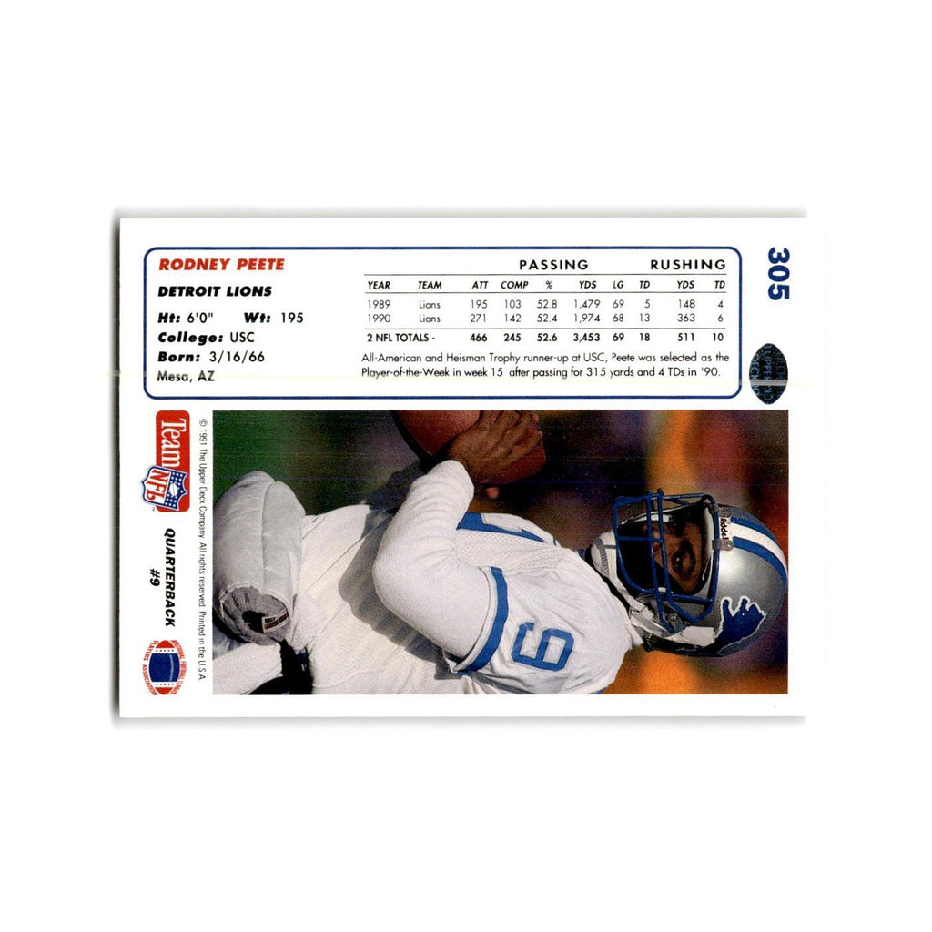 Rodney Peete 1991 Upper Deck #305 Detroit Lions Football Card NM