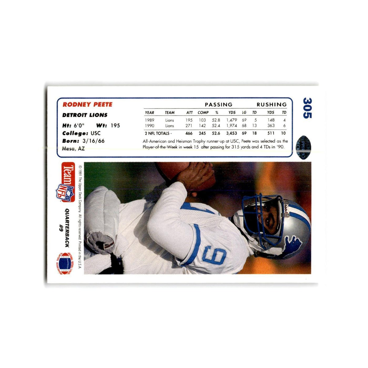 Rodney Peete 1991 Upper Deck #305 Detroit Lions Football Card NM