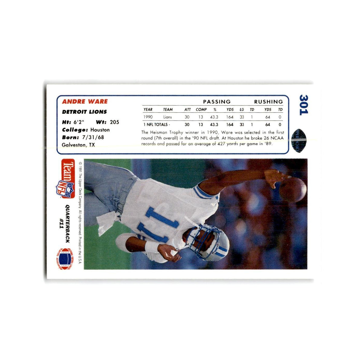 Andre Ware 1991 Upper Deck #301 Detroit Lions Football Card NM