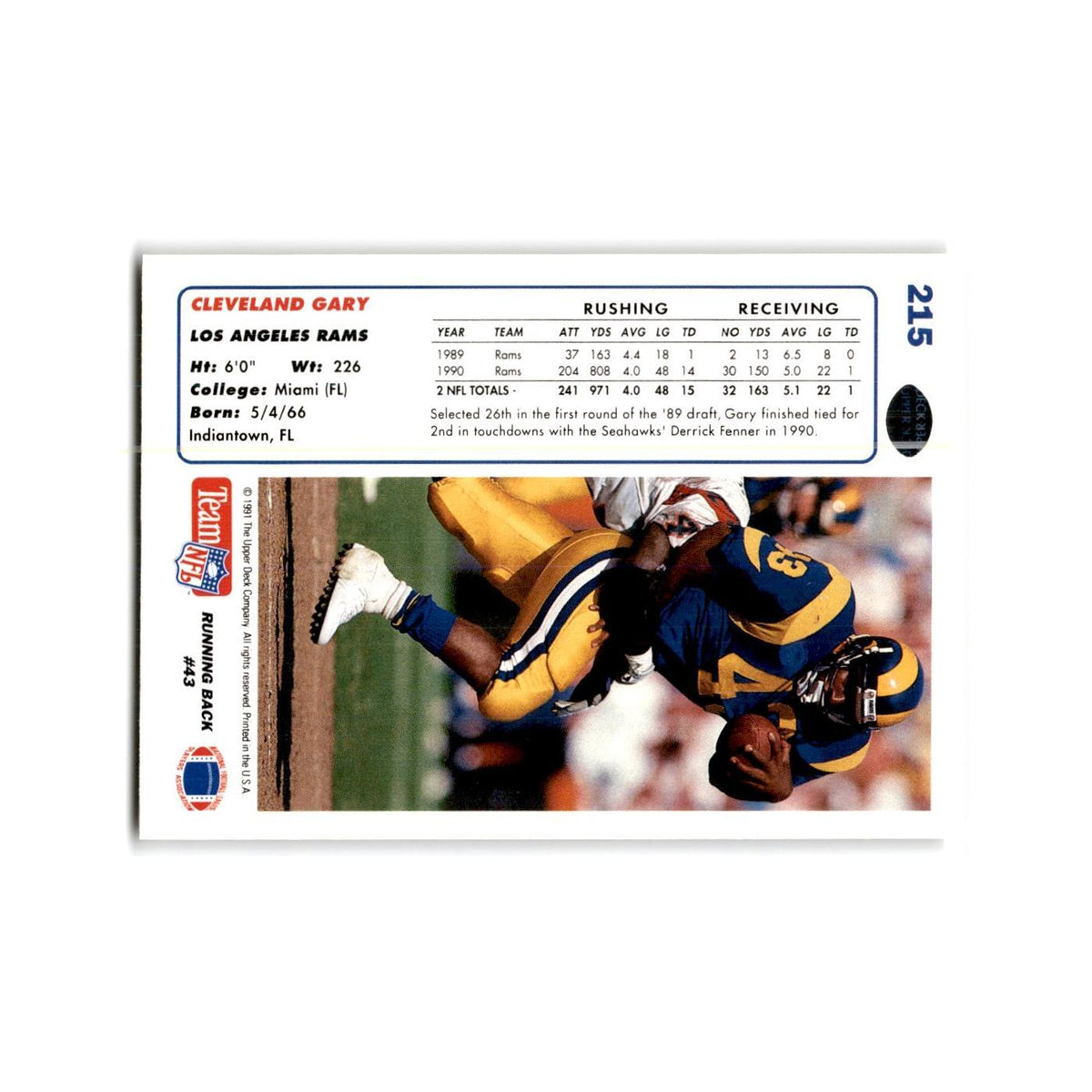 Cleveland Gary 1991 Upper Deck #215 Los Angeles Rams Football Card NM
