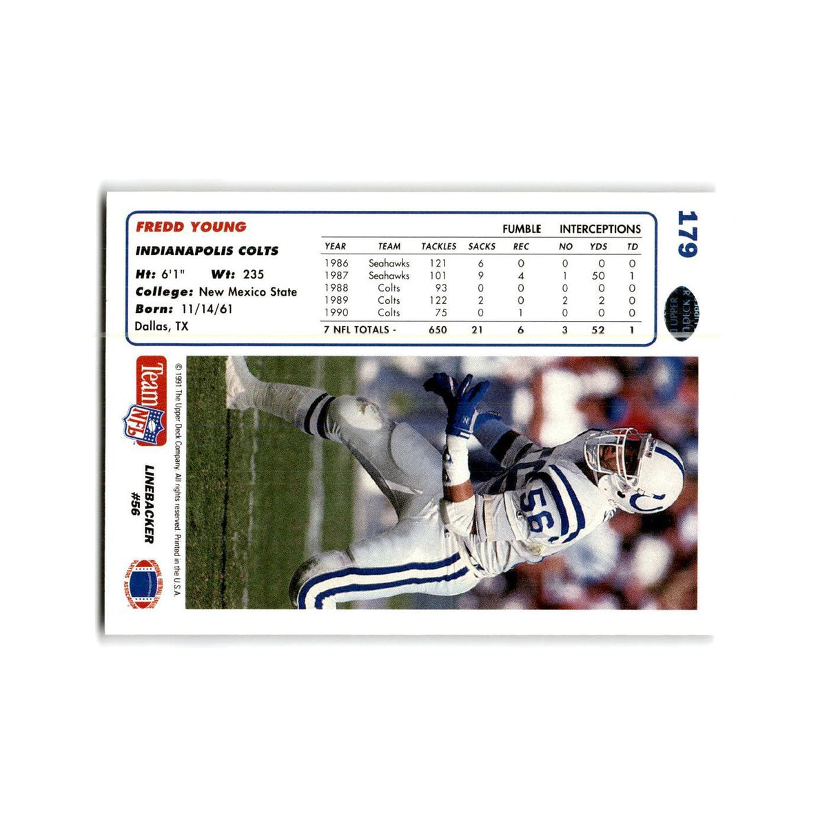 Fredd Young 1991 Upper Deck #179 Indianapolis Colts Football Card NM