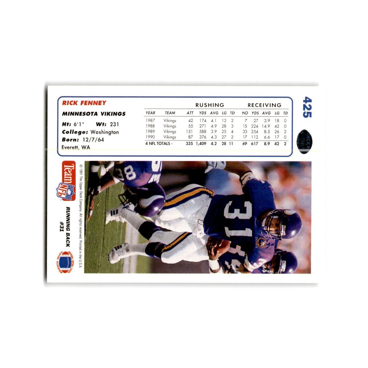Rick Fenney 1991 Upper Deck #425 Minnesota Vikings Football Card NM