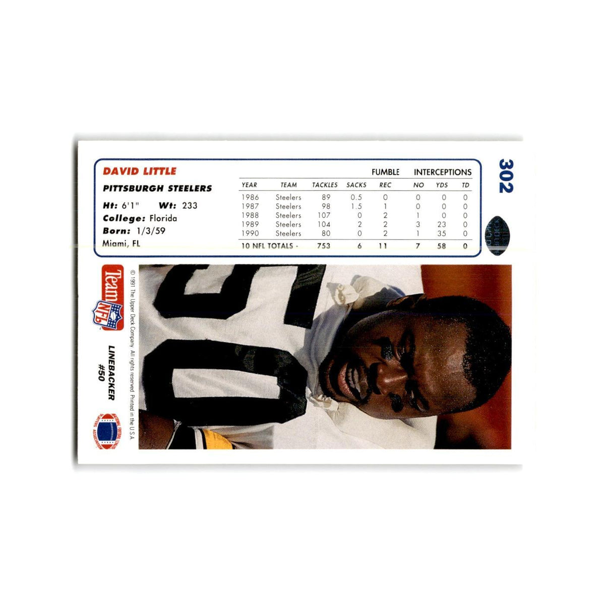 David Little 1991 Upper Deck #302 Pittsburgh Steelers Football Card NM