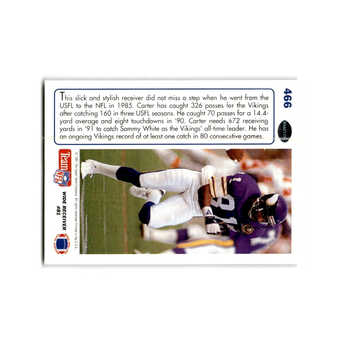 Anthony Carter 1991 Upper Deck #466 Minnesota Vikings Football Card NM