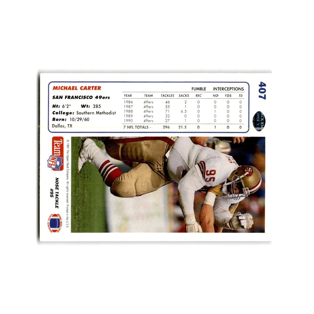 Michael Carter 1991 Upper Deck #407 San Francisco 49ers Football Card NM