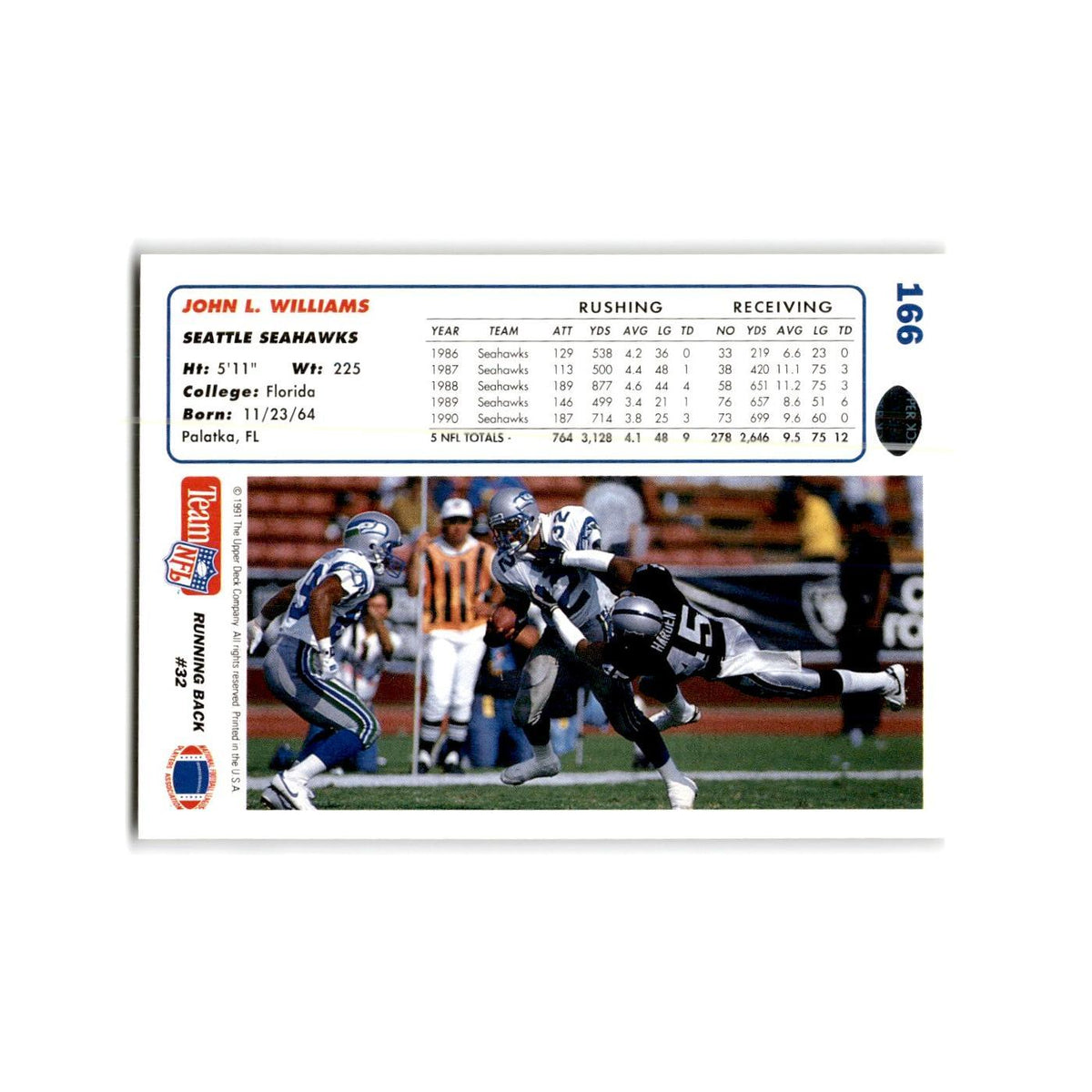 John L. Williams 1991 Upper Deck #166 Seattle Seahawks Football Card NM