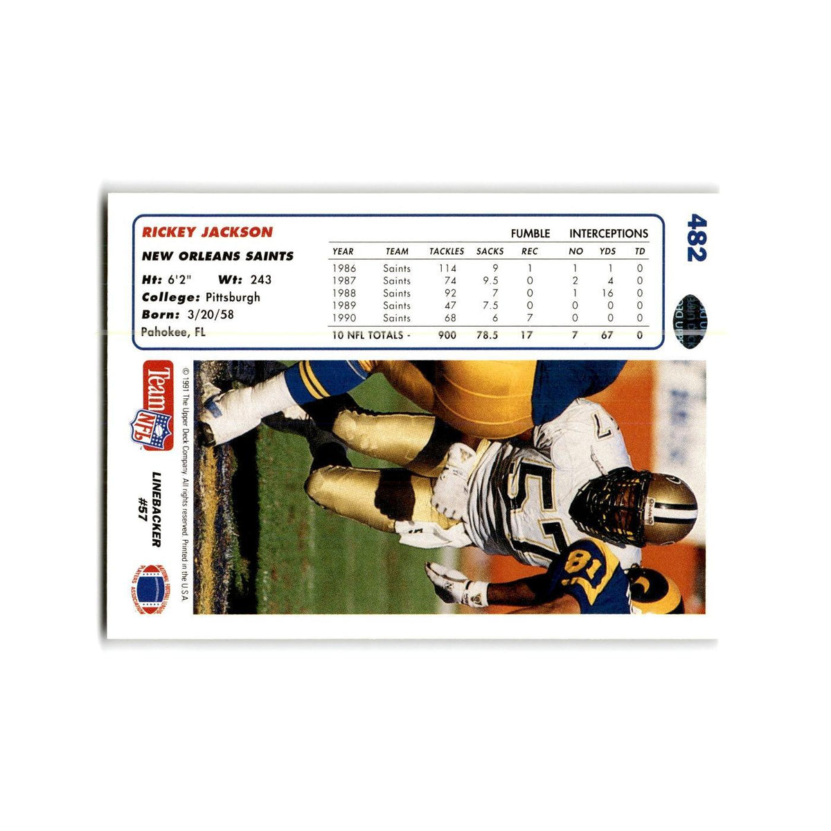 Rickey Jackson 1991 Upper Deck #482 New Orleans Saints Football Card NM