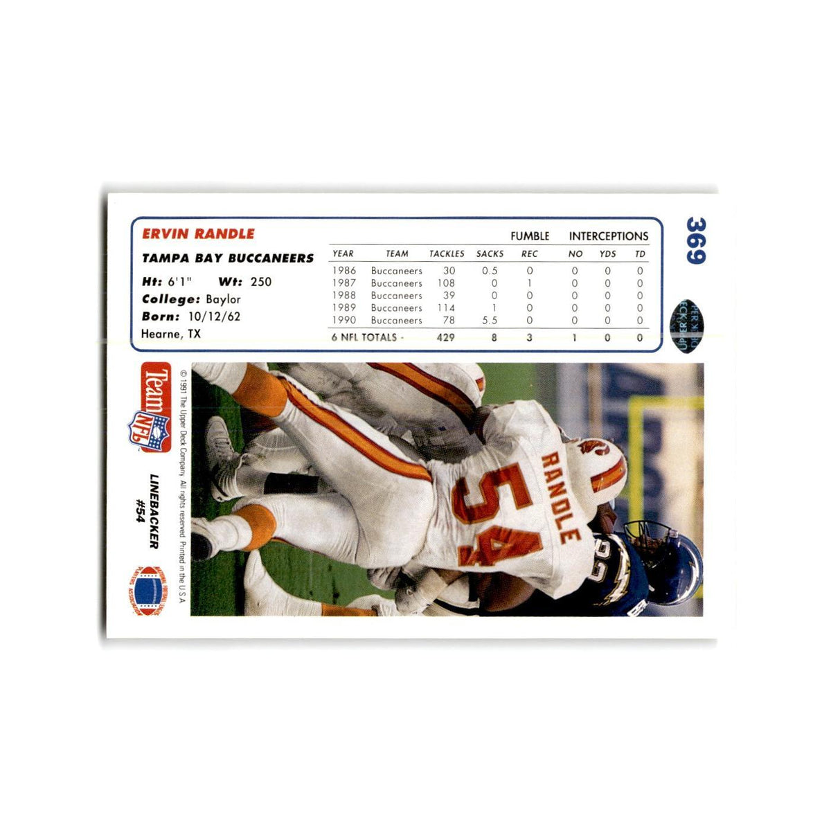 Ervin Randle 1991 Upper Deck #369 Tampa Bay Buccaneers Football Card NM