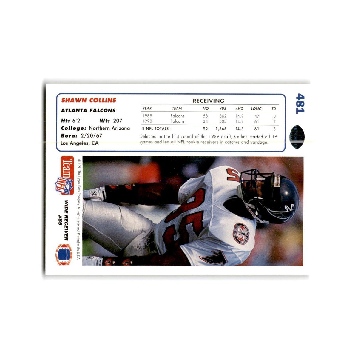 Shawn Collins 1991 Upper Deck #481 Atlanta Falcons Football Card NM