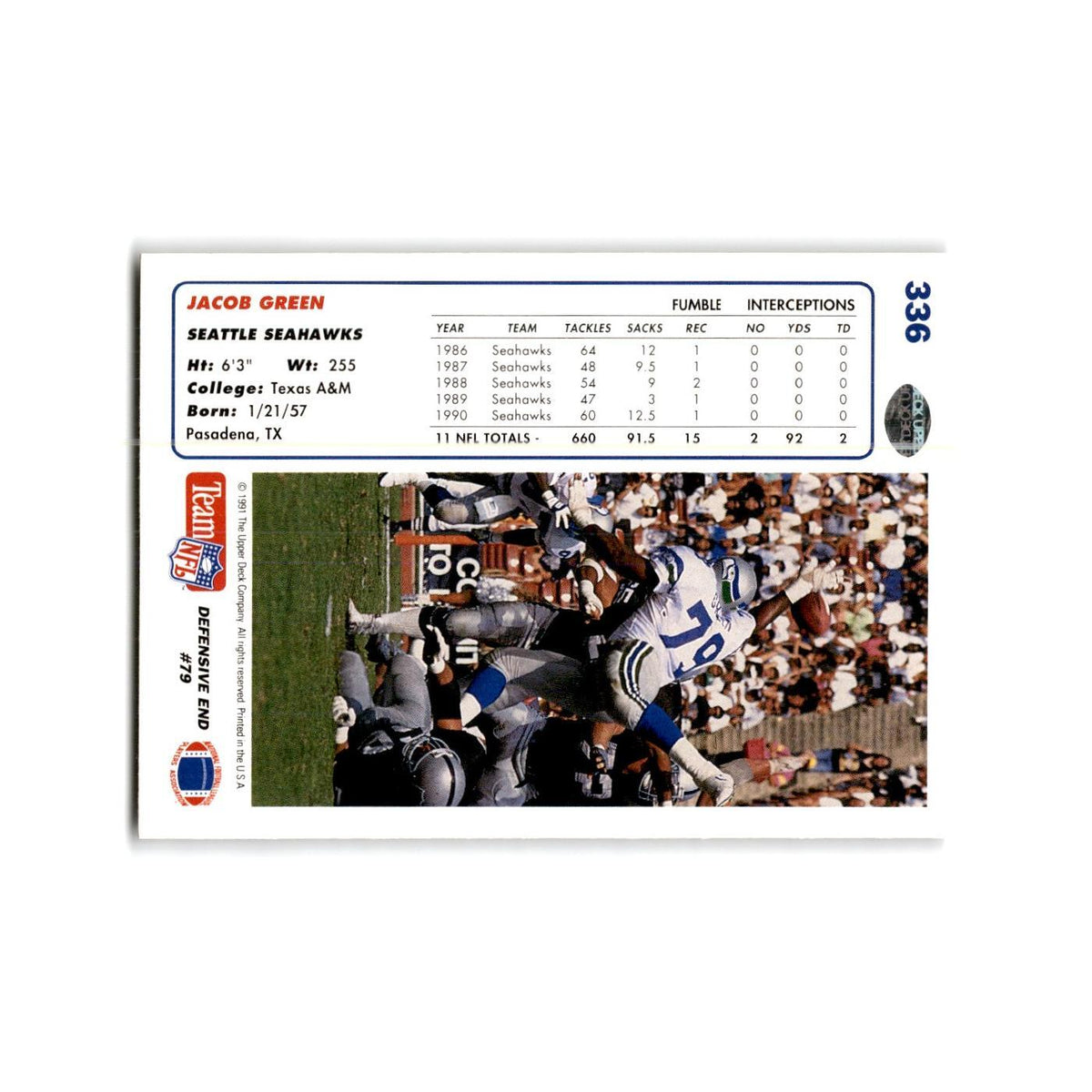 Jacob Green 1991 Upper Deck #336 Seattle Seahawks Football Card NM